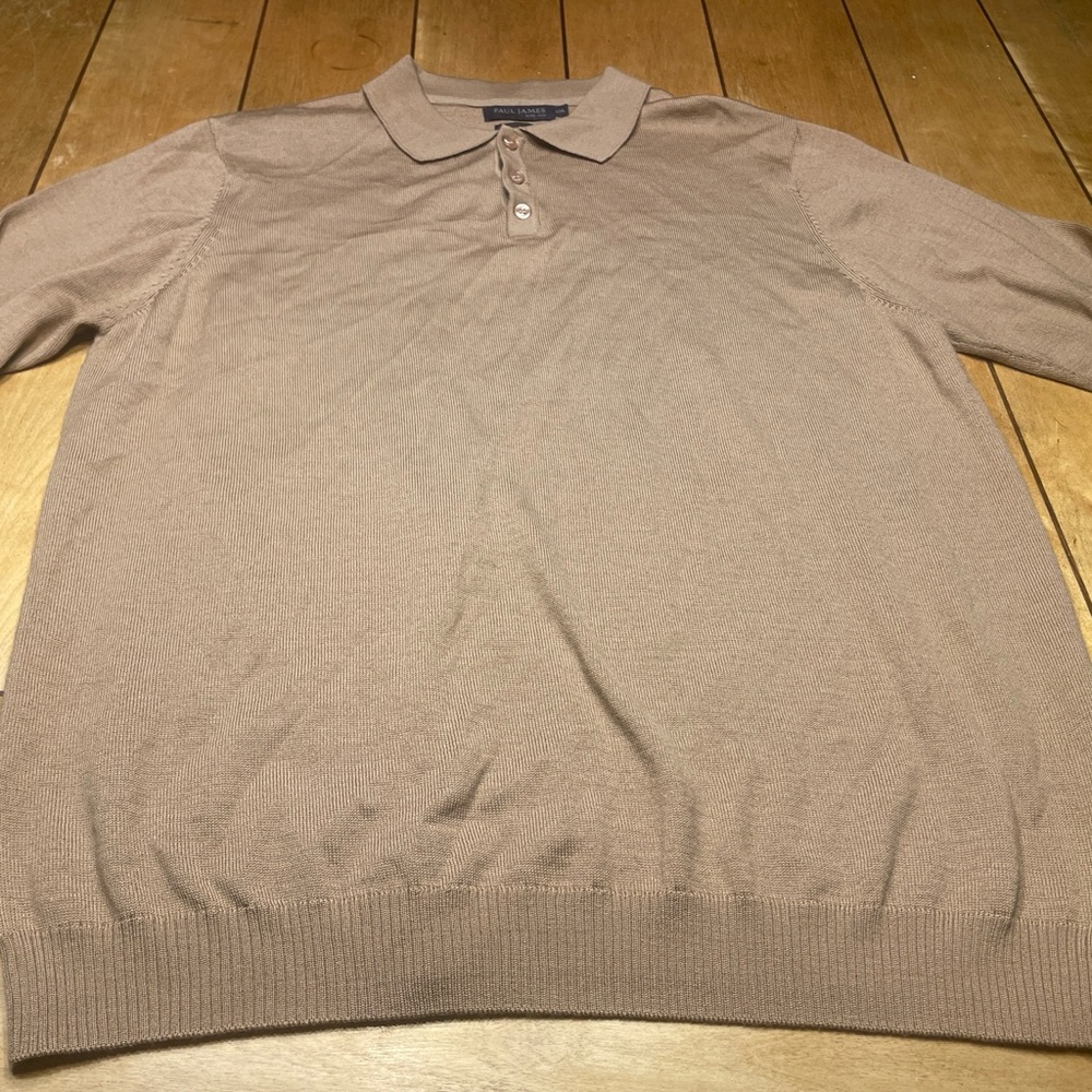 Paul James Mens Extra Fine Merino Wool Long Sleeve Polo Shirt Color Barley XXL